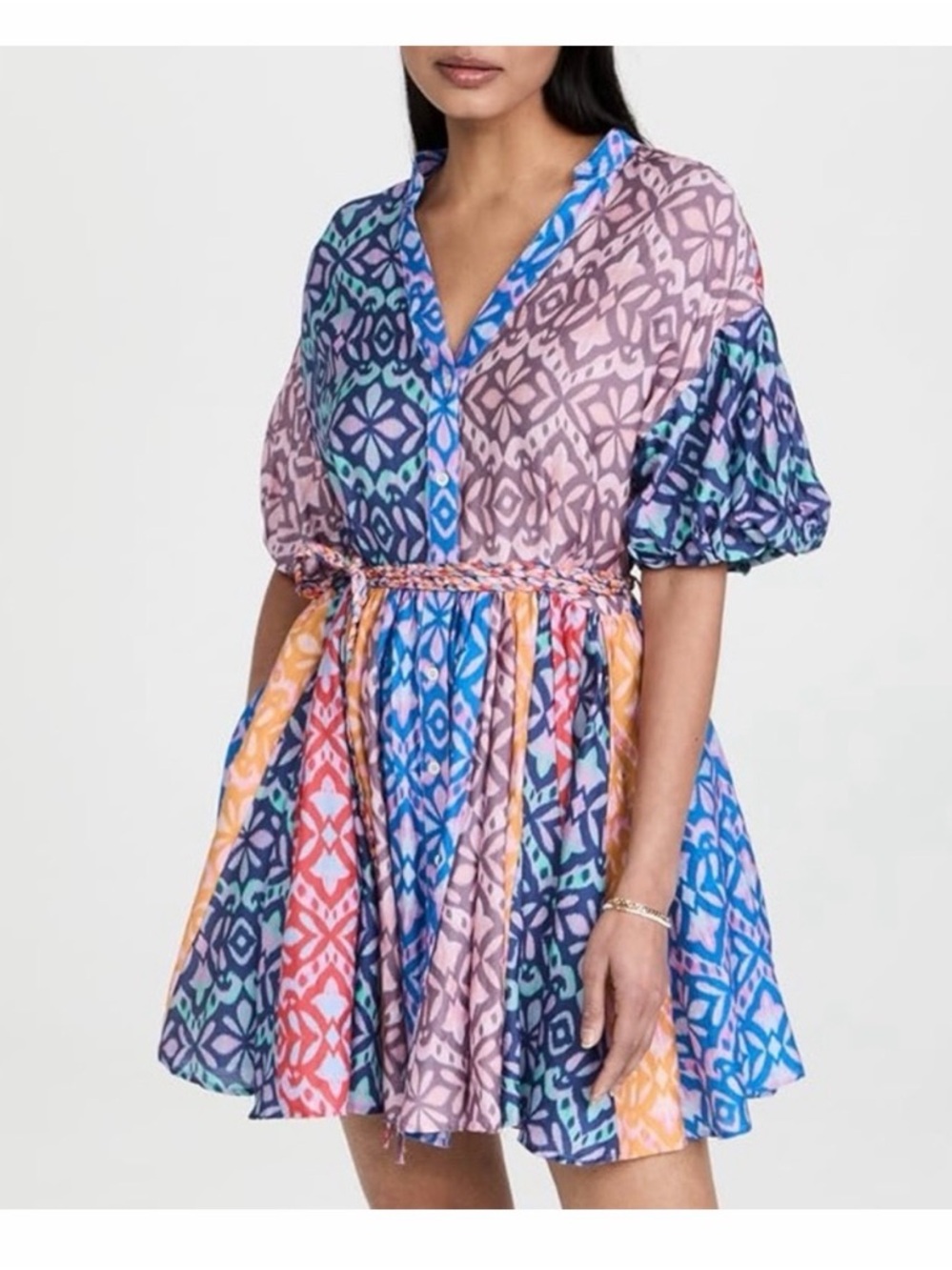 XiRENA Lenna Multicolor Patterned V-Neck Puff-Sleeve Midi Dress
